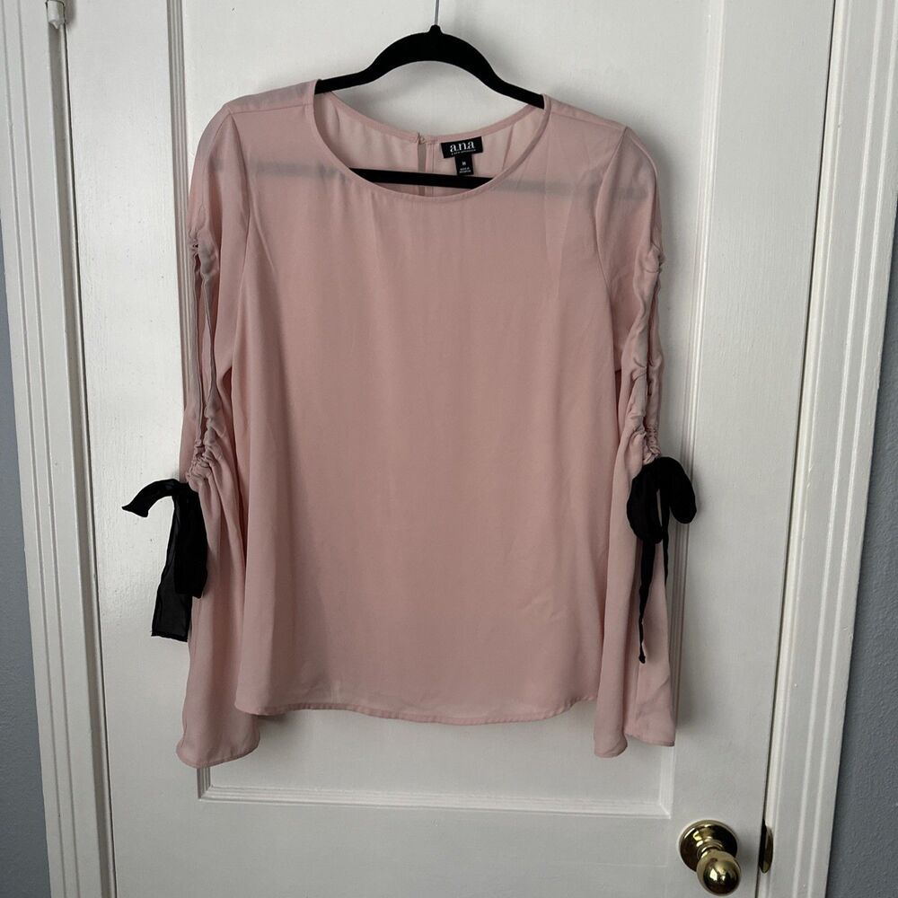 Pink Blouse Top Black Ribbon Long Sleeve Womens Medium